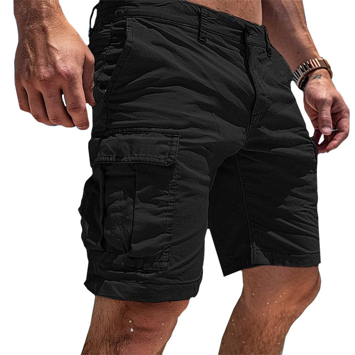Black cargo utility shorts showing textured fabric and flap pocket