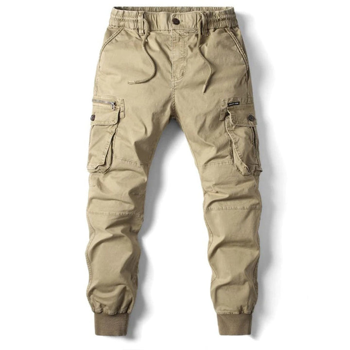 Khaki utility cargo trousers with drawstring waist and cuffed hems