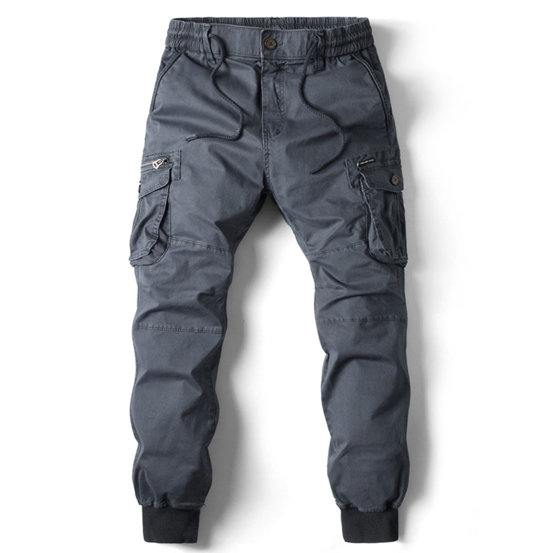 Slate grey cargo trousers with cuffed ankles and stretch fit