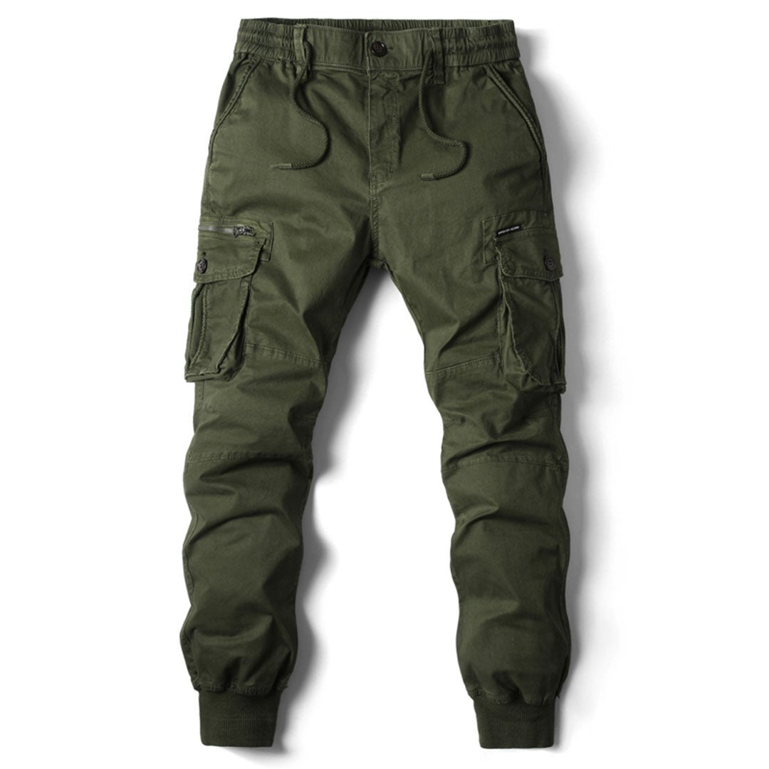 Olive green cargo trousers with buttoned flap pockets, front view