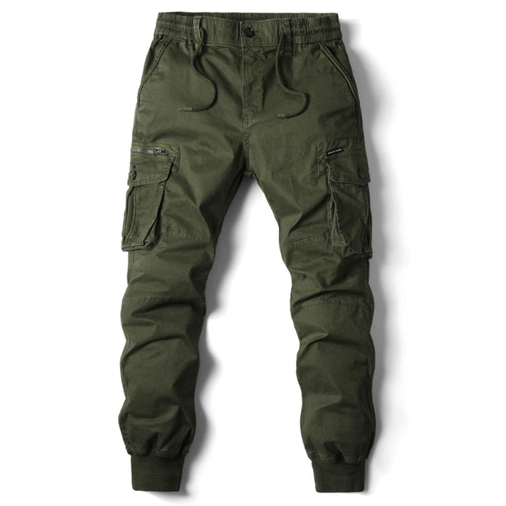 Olive green cargo trousers with buttoned flap pockets, front view