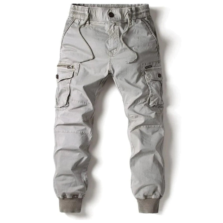 Light grey cargo trousers with drawstring waist and ribbed cuffs