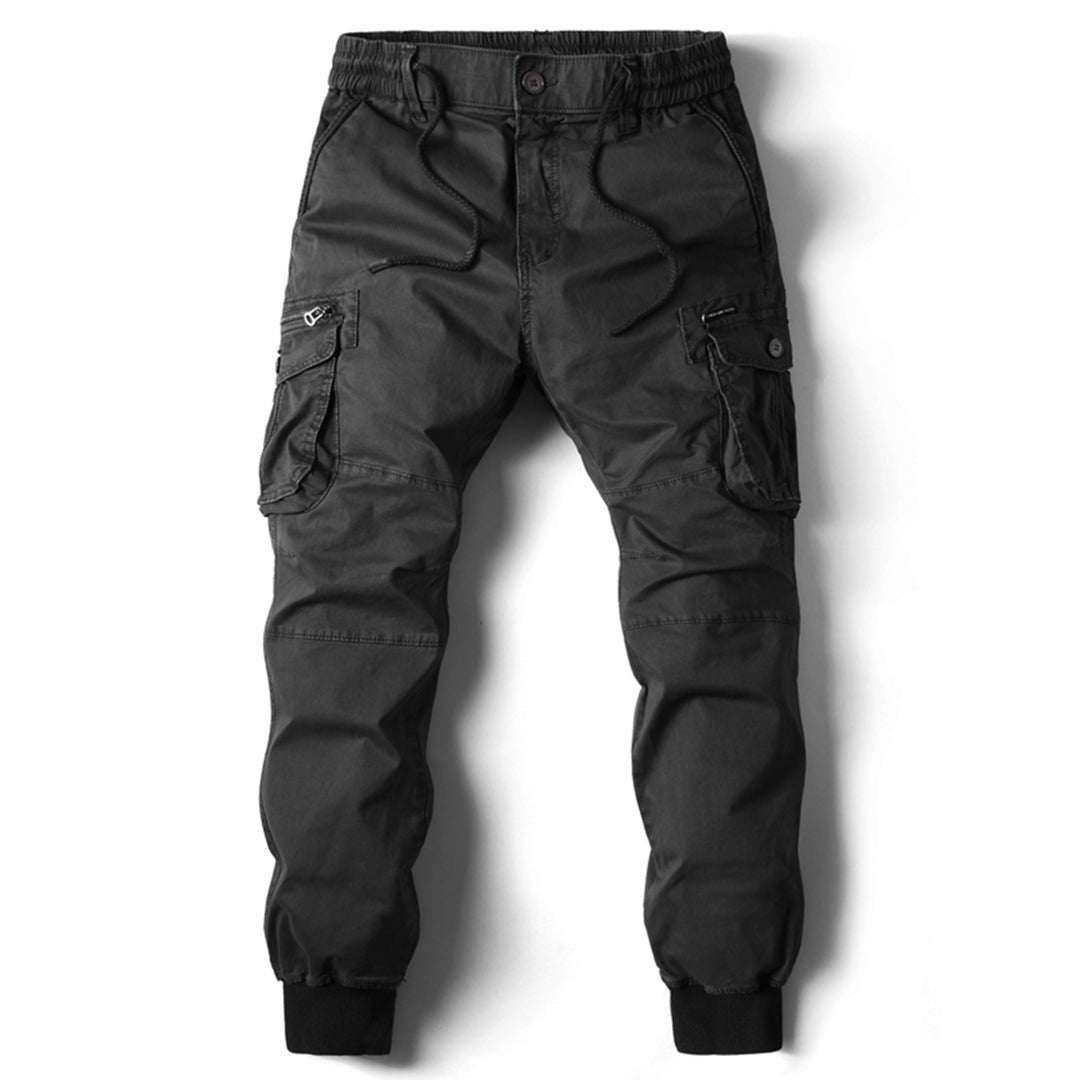 Black stretch fit cargo trousers with multiple utility pockets