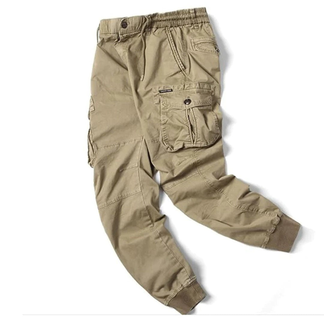 khaki cargo trousers folded showing side pocket and elasticated cuff
