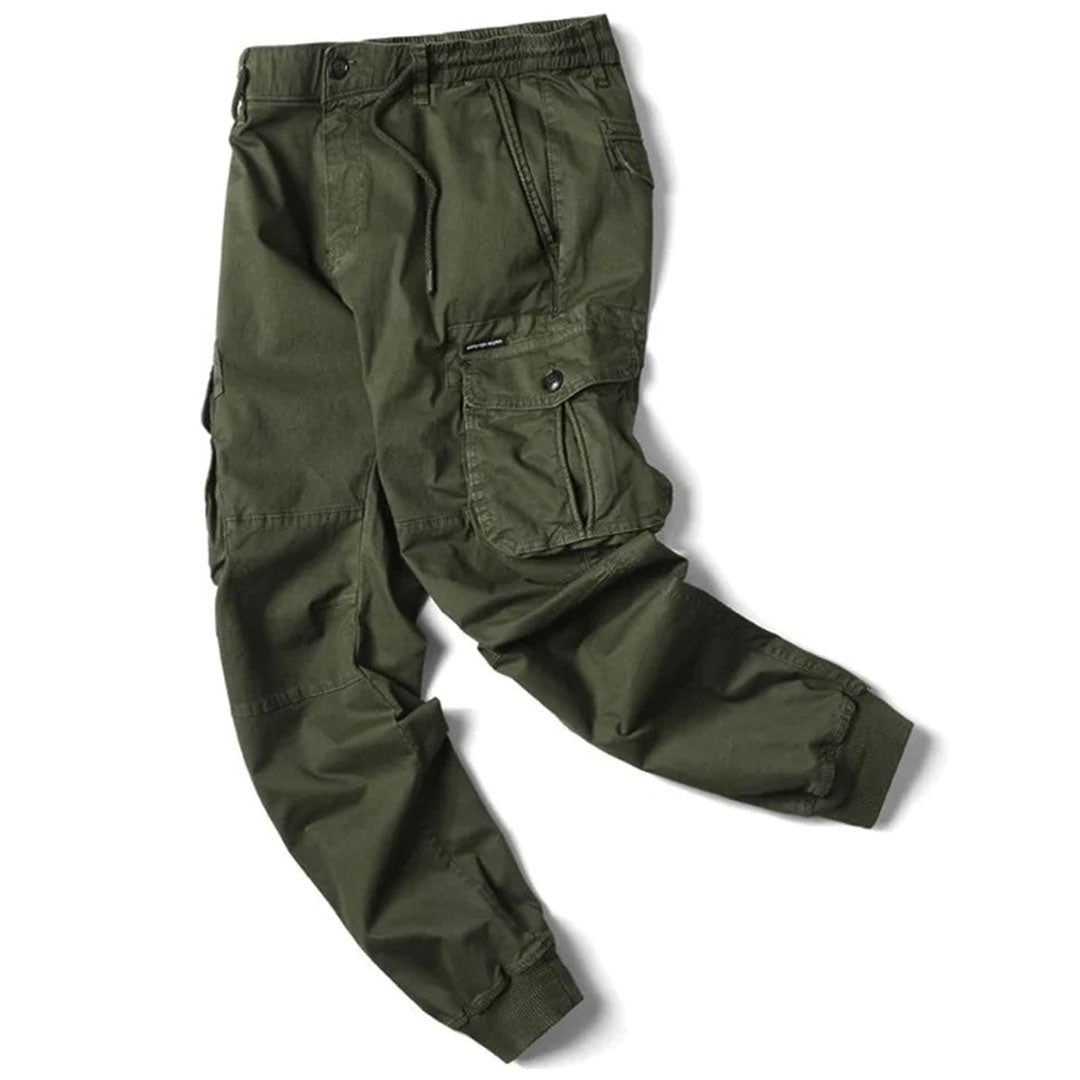 olive green cargo trousers with drawstring waist and side pockets