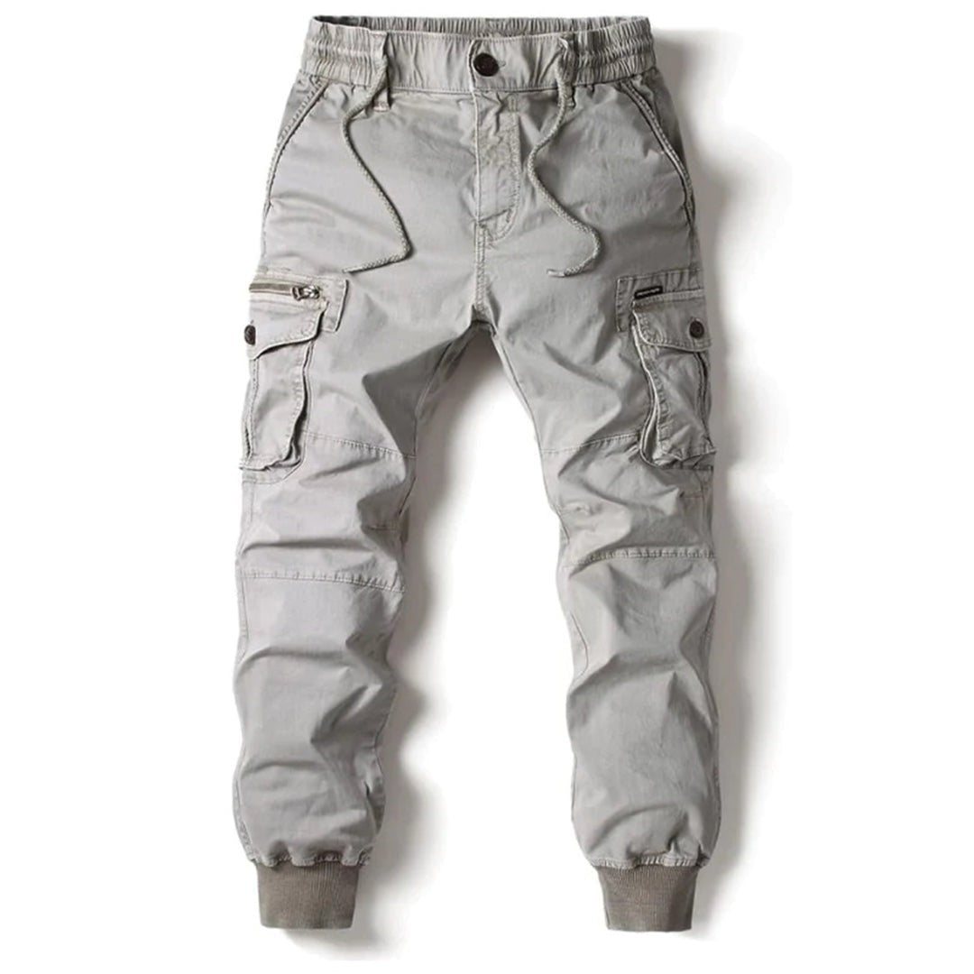 light grey cargo trousers with drawstring waist and cargo pockets