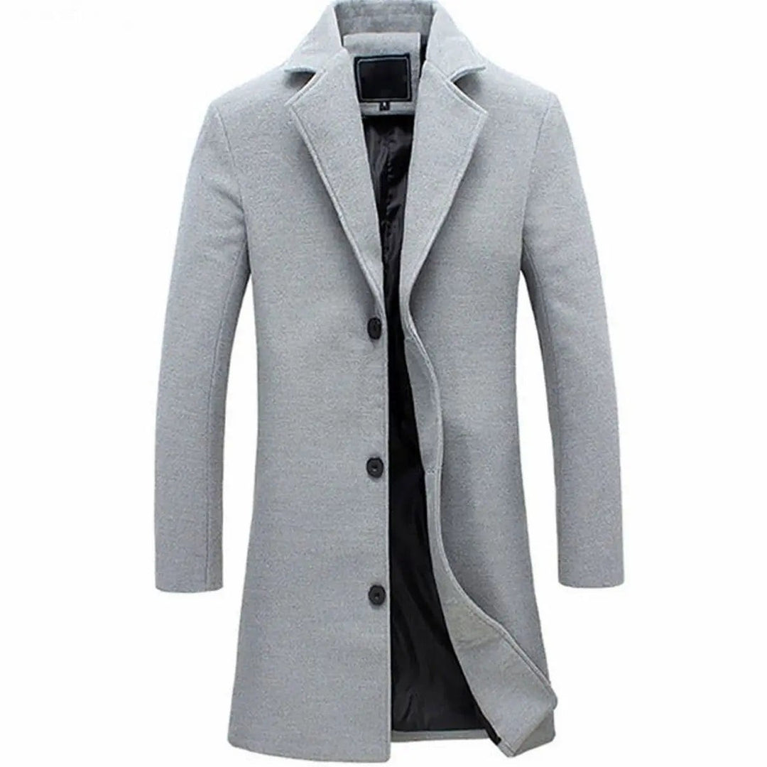 Light grey single-breasted longline overcoat with notched lapel and button front