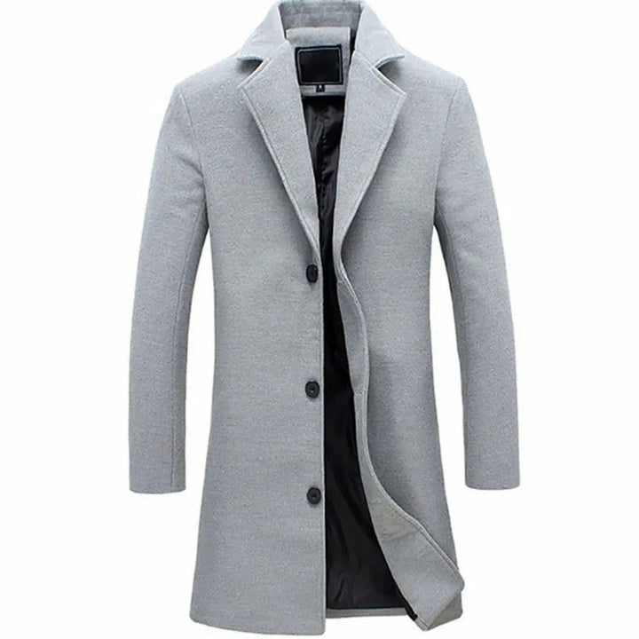 Light grey single-breasted longline overcoat with notched lapel and button front