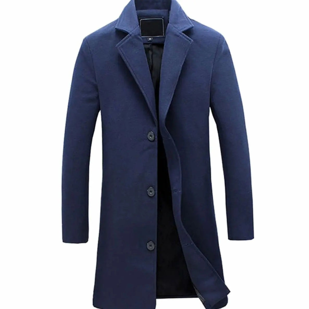 Navy blue single-breasted overcoat with notched lapel, worn open at front
