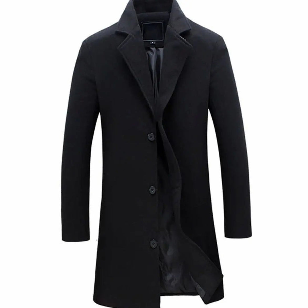 Black tailored longline overcoat with three-button fastening and classic collar