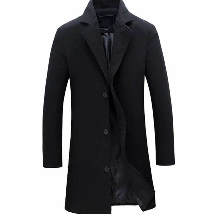 Black tailored longline overcoat with three-button fastening and classic collar