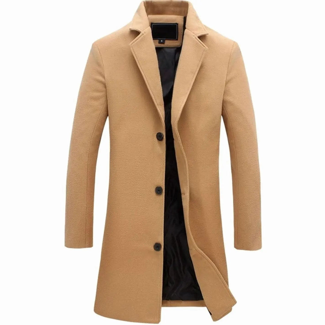 Camel single-breasted overcoat with notched lapel and structured tailored silhouette