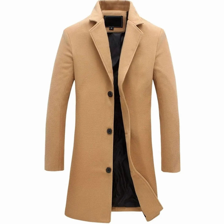 Camel single-breasted overcoat with notched lapel and structured tailored silhouette