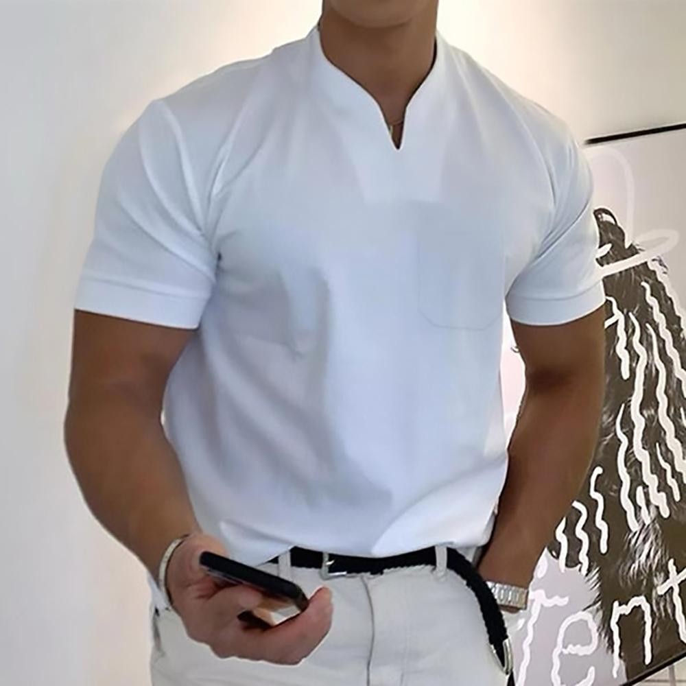 White short-sleeve polo shirt with notch collar and chest pocket
