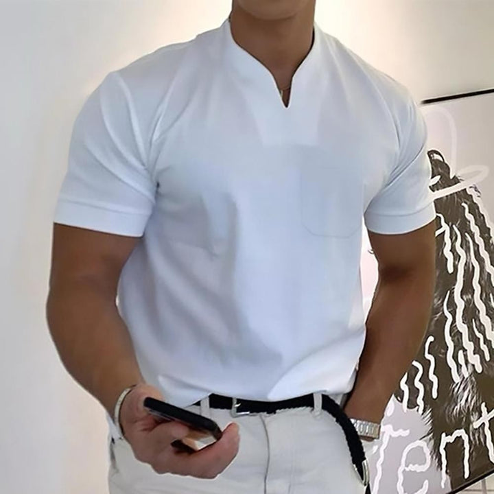 White short-sleeve polo shirt with notch collar and chest pocket