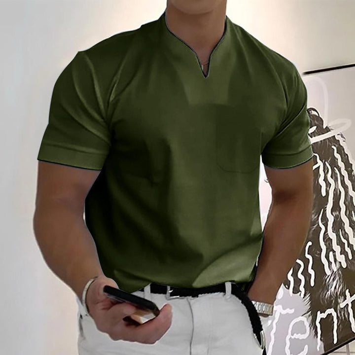 Olive green short-sleeve polo shirt with contrast trim and notch collar