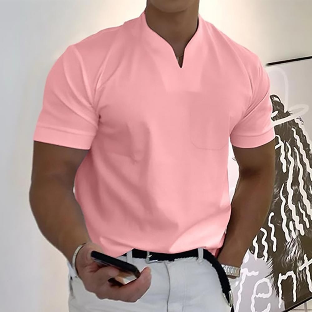 Pink short-sleeve polo shirt with V-notch collar and chest pocket