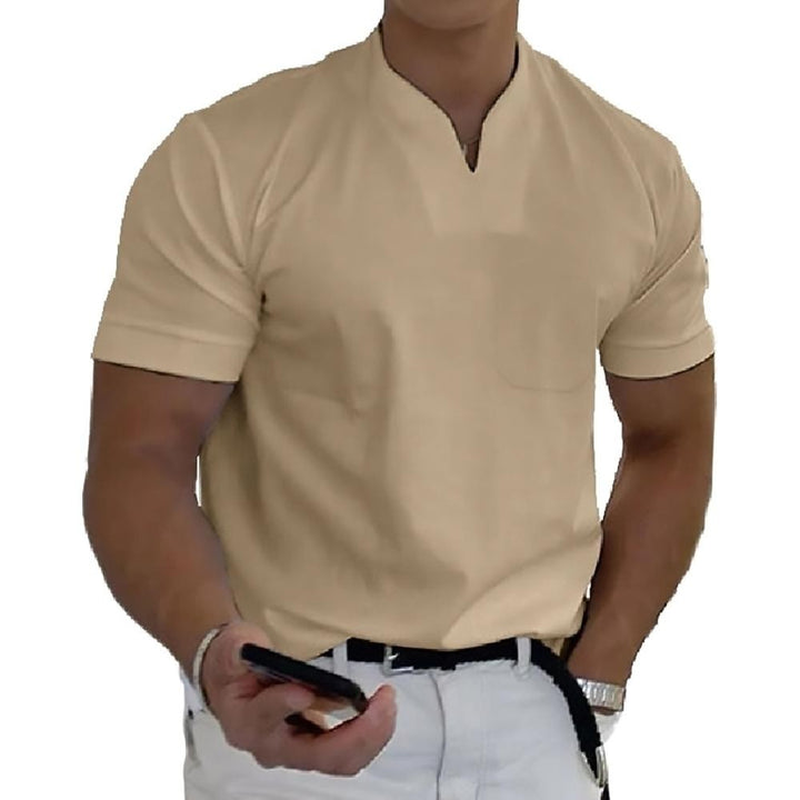 Beige short-sleeve polo shirt with stand collar and patch pocket