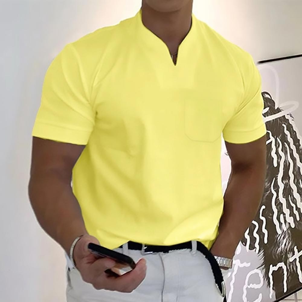 Yellow short-sleeve polo shirt with notch neckline and chest pocket