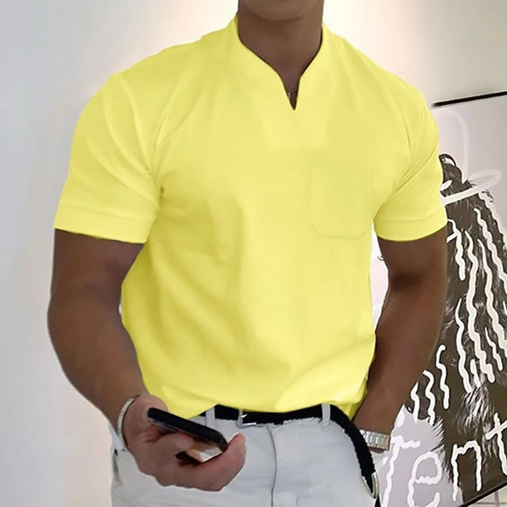 Yellow short-sleeve polo shirt with notch neckline and chest pocket