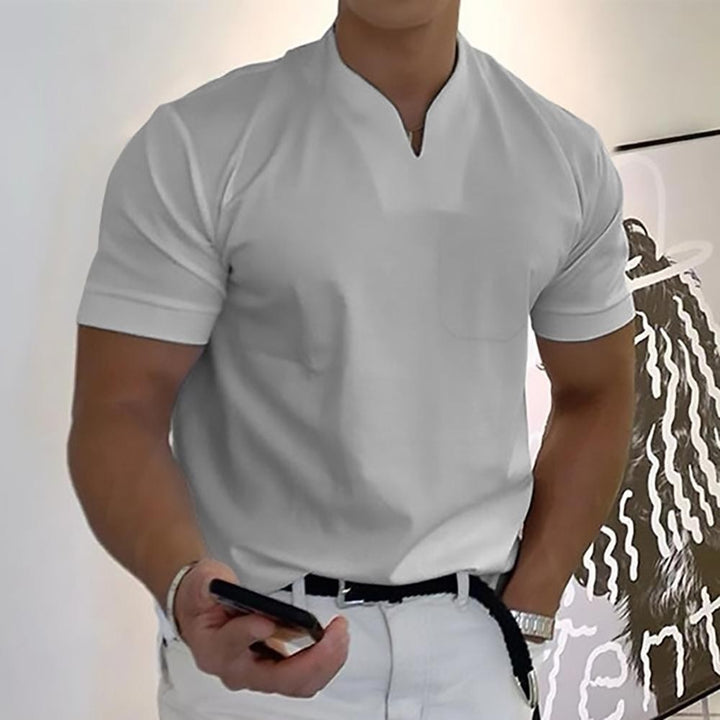 Light grey short-sleeve polo shirt with V-notch collar and pocket detail