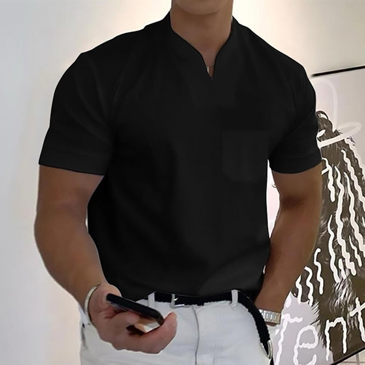 Black short-sleeve polo shirt featuring notch collar and front pocket