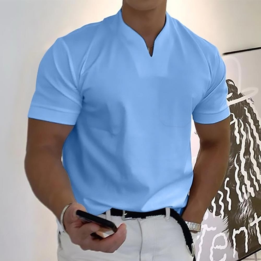 Sky blue short-sleeve polo shirt with stand collar and chest pocket