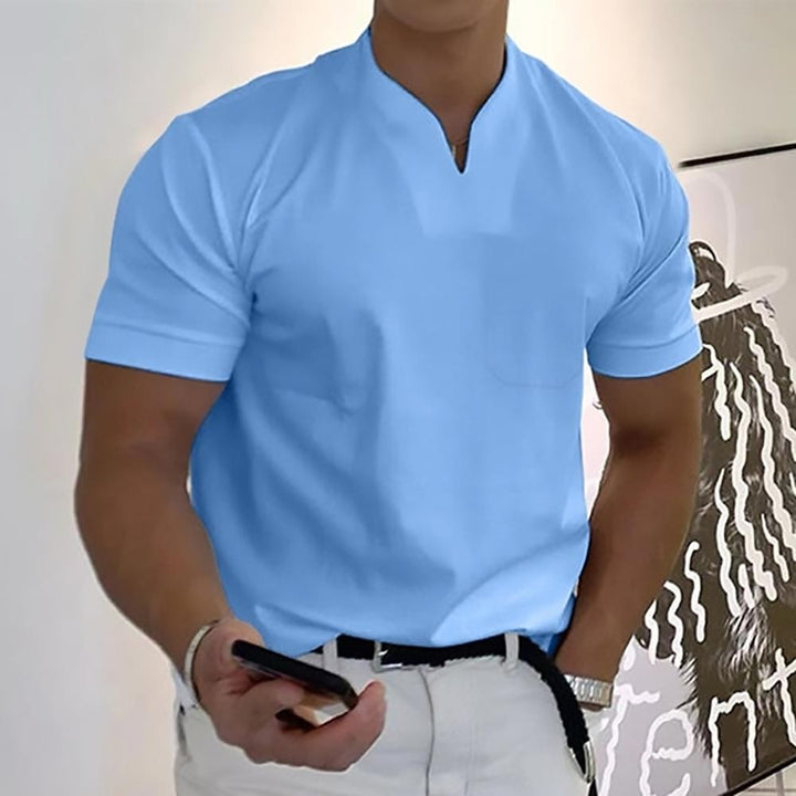 Sky blue short-sleeve polo shirt with stand collar and chest pocket