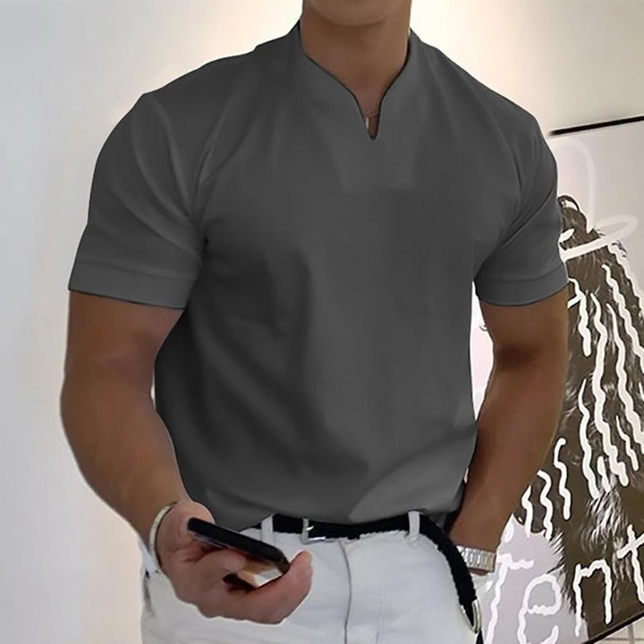 Charcoal grey short-sleeve polo shirt with notch neckline and pocket