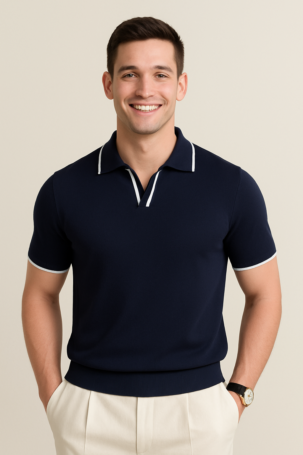Man wearing navy knit polo shirt with white tipped collar and short sleeves