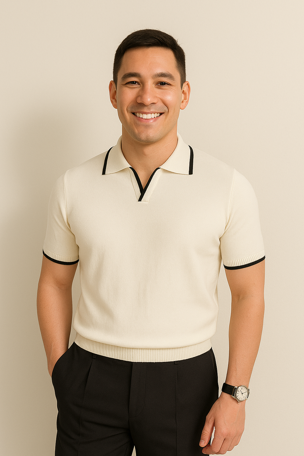 Man modelling cream knit polo shirt with black tipped collar detail