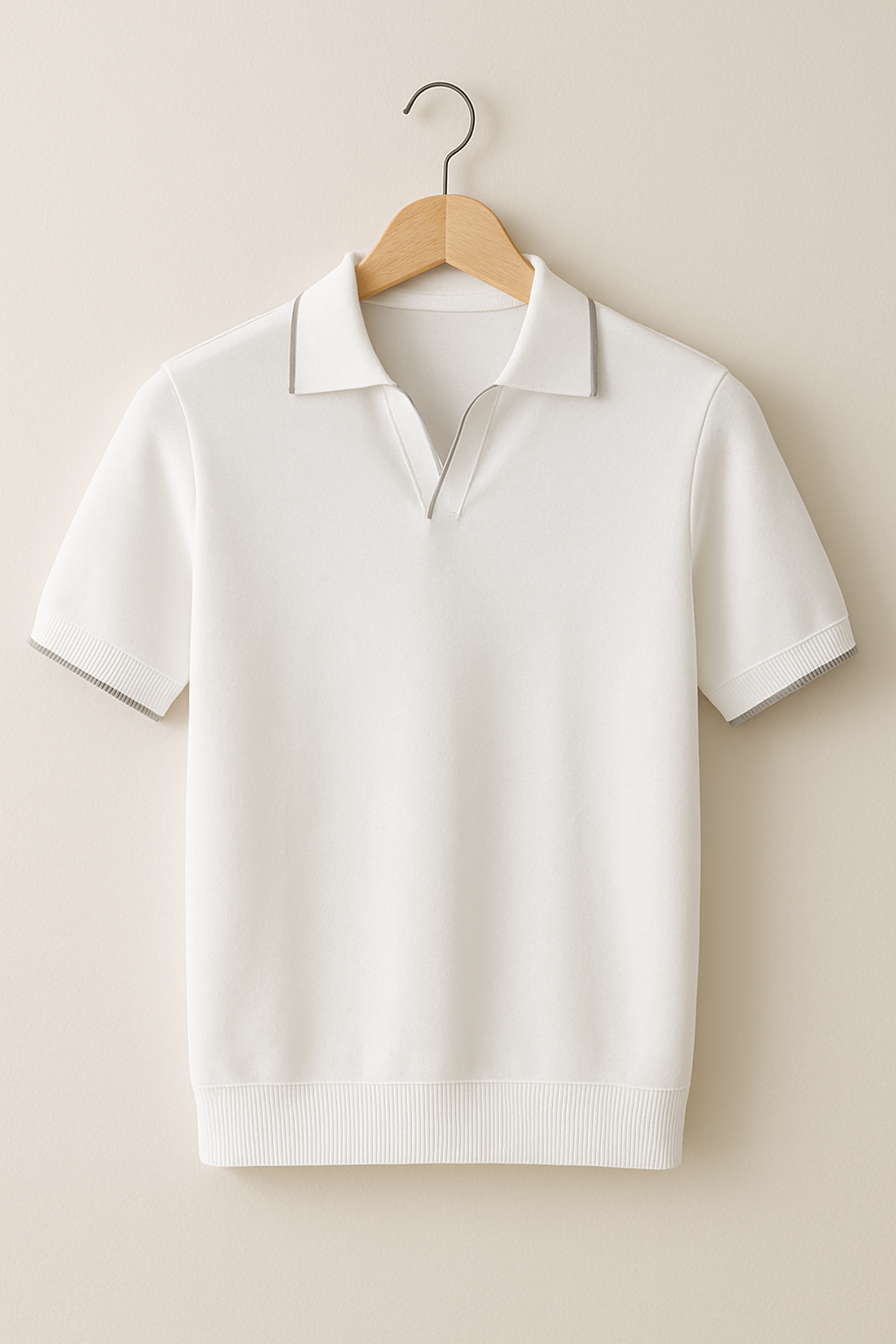 Ivory short sleeve knit polo with subtle grey tipped collar on hanger
