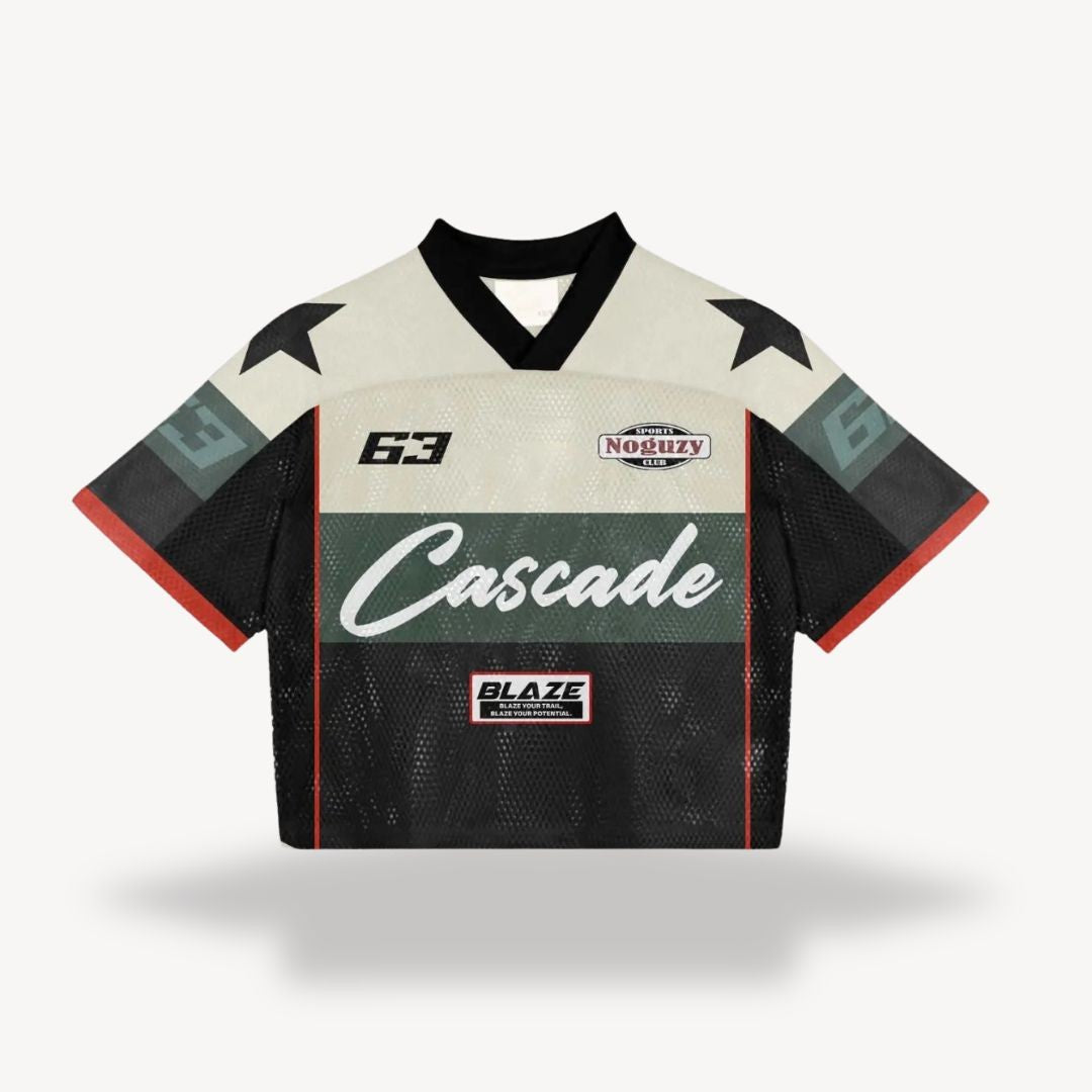 Cropped mesh football jersey in cream and black with Cascade star graphics