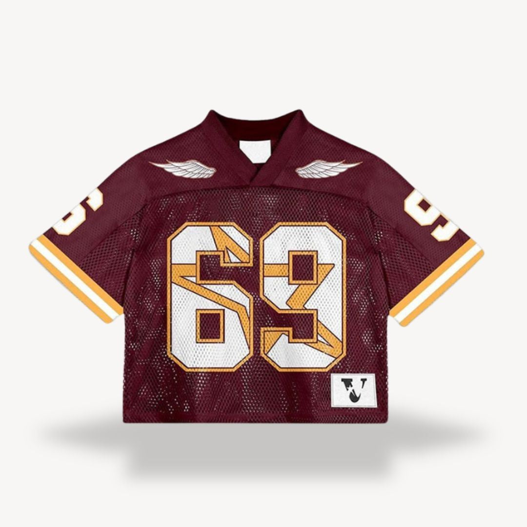 Maroon oversized jersey with gold number 69 and winged shoulder emblem