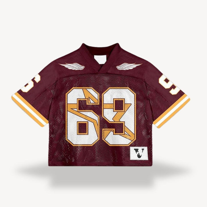 Maroon oversized jersey with gold number 69 and winged shoulder emblem