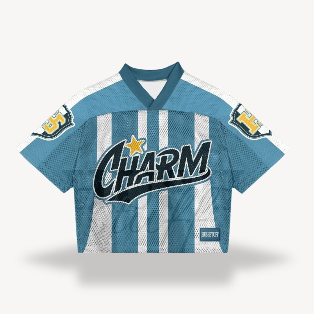 Blue and white striped cropped jersey with Charm script logo