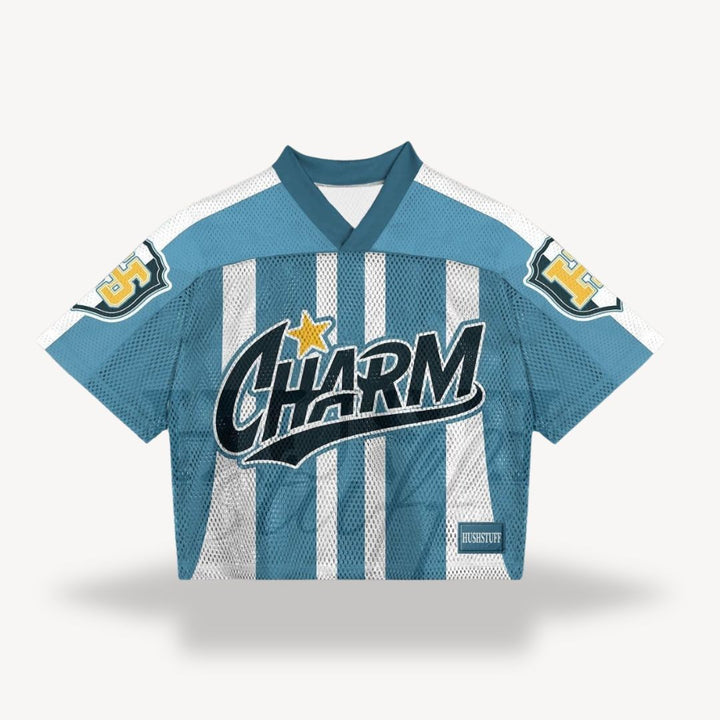 Blue and white striped cropped jersey with Charm script logo