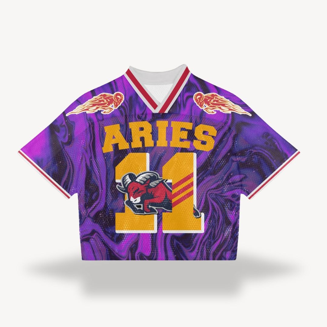 Purple marble-print jersey with Aries ram graphic and number 11