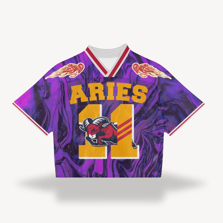 Purple marble-print jersey with Aries ram graphic and number 11