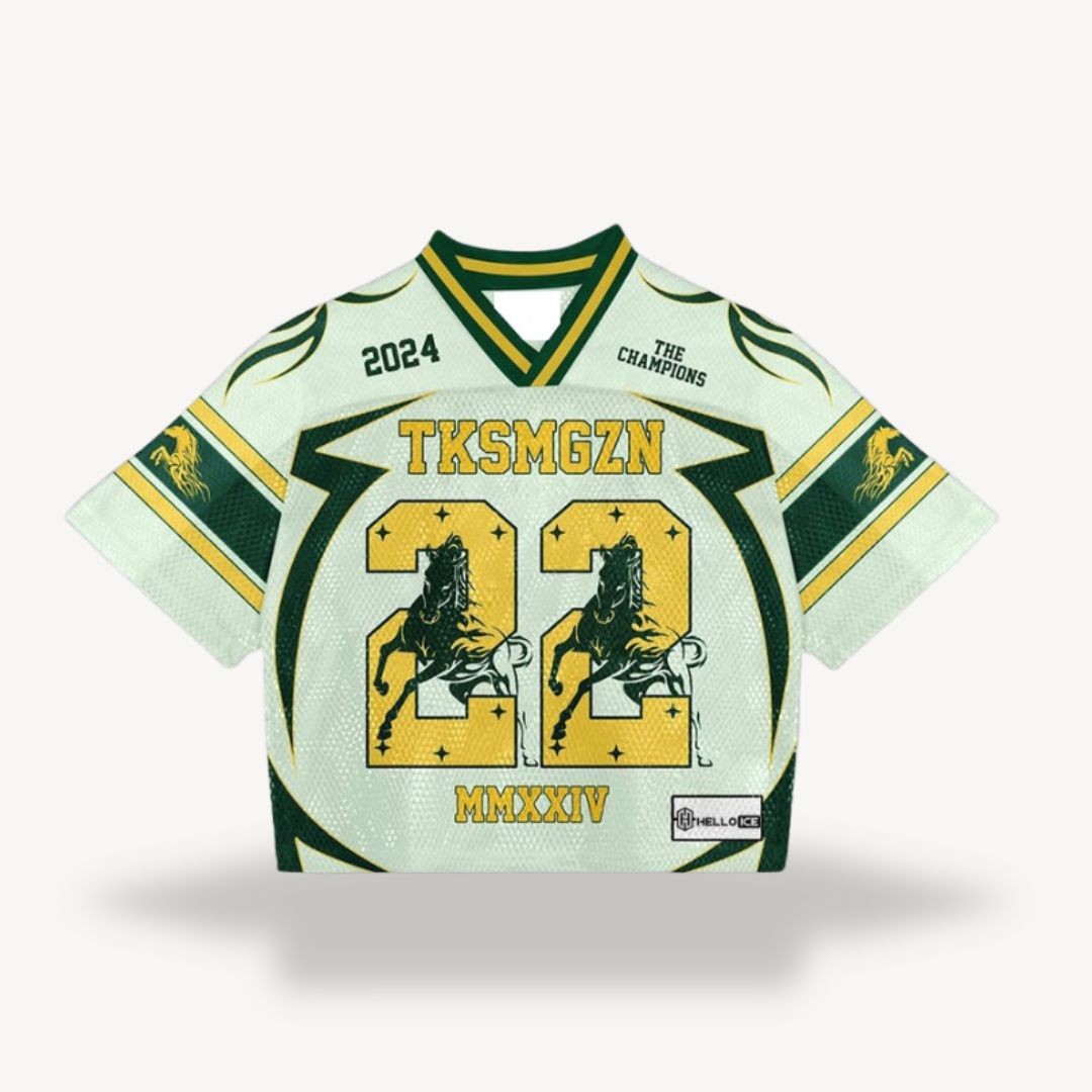 Oversized cropped jersey in mint and gold with number 22 horse graphic