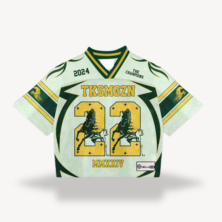 Oversized cropped jersey in mint and gold with number 22 horse graphic