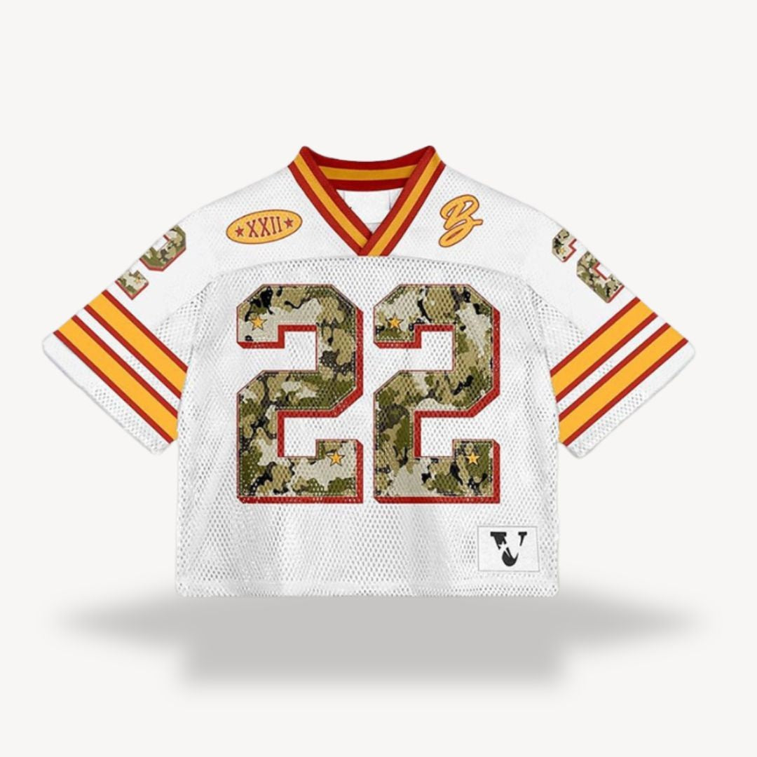 White cropped mesh jersey featuring camouflage number 22 and red trim