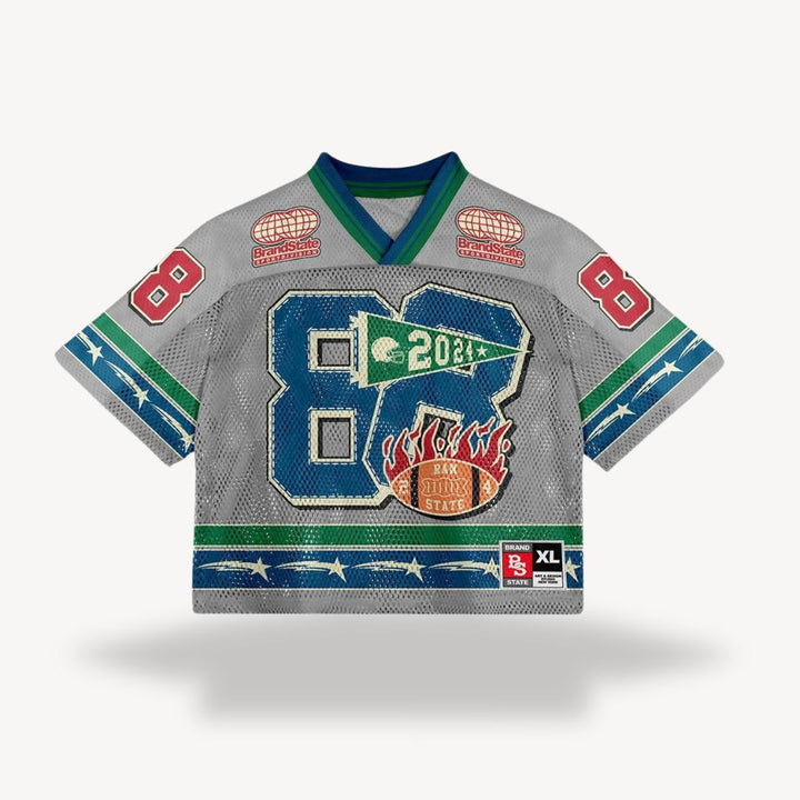 Grey oversized jersey with blue number 88 and vintage sports patches