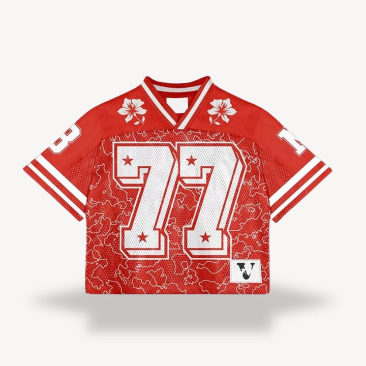 Red cropped mesh jersey with white number 77 and floral shoulder print