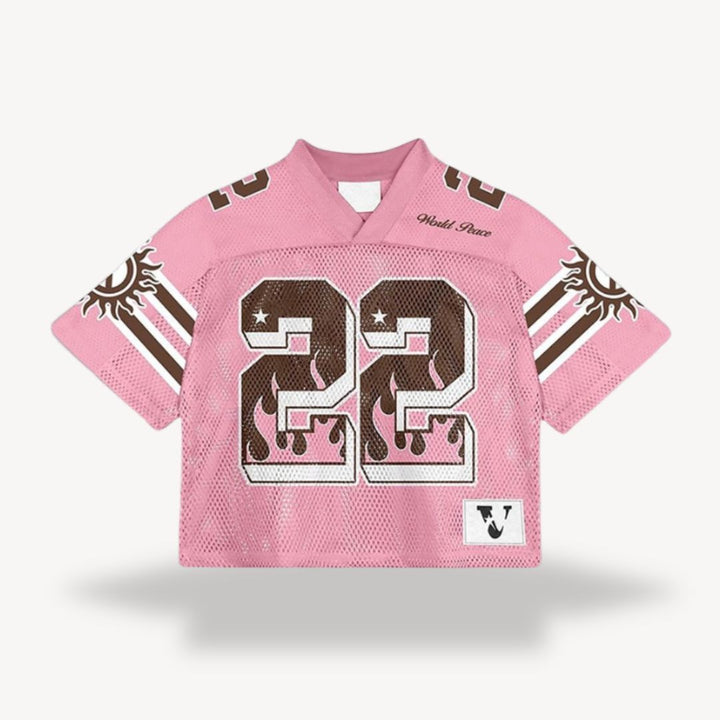 Pink oversized jersey with brown flame number 22 and striped sleeves
