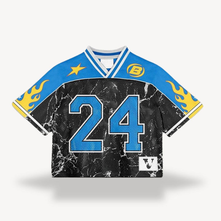 Black cropped jersey with blue marble number 24 and flame sleeve print
