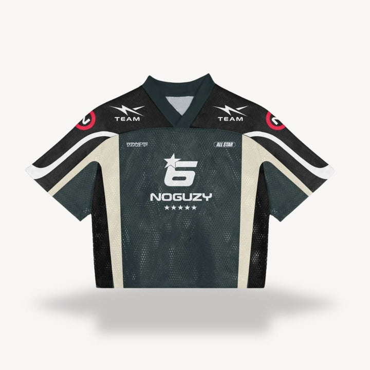 Dark green oversized jersey with cream panels and Noguzy team branding