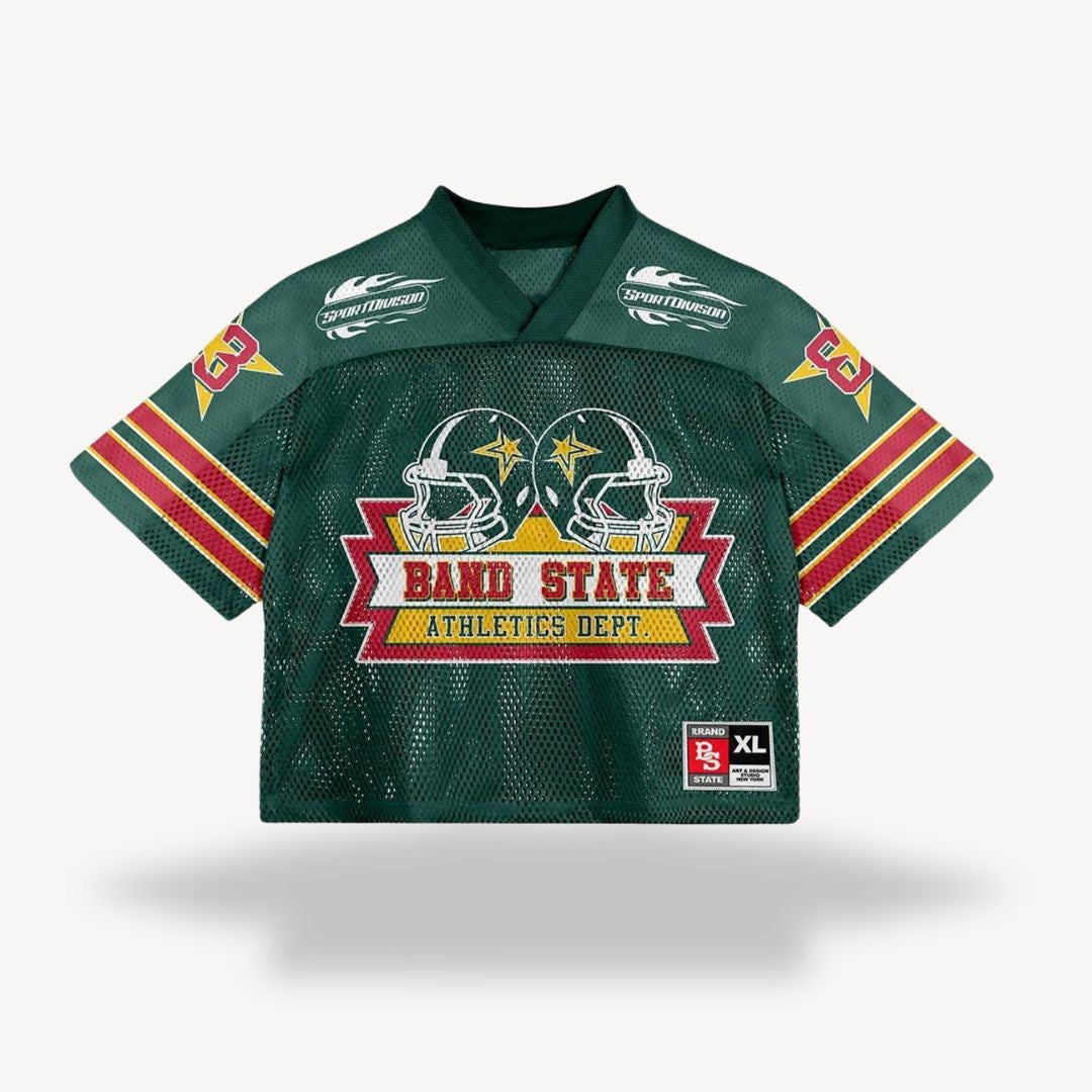 Green cropped mesh jersey with Band State athletics crest and red stripes