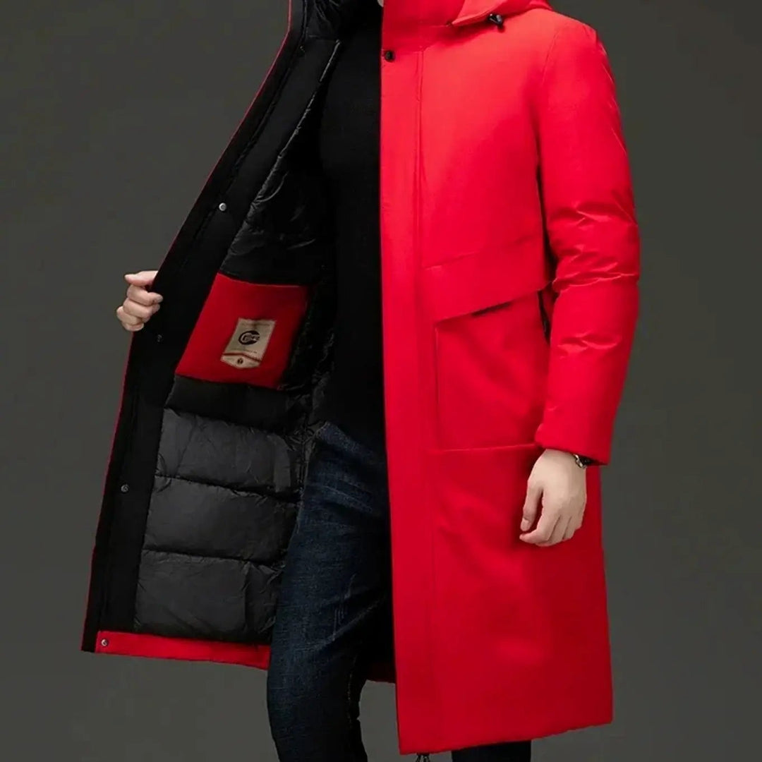 Red hooded long-line puffer coat with black quilted lining and chest pocket
