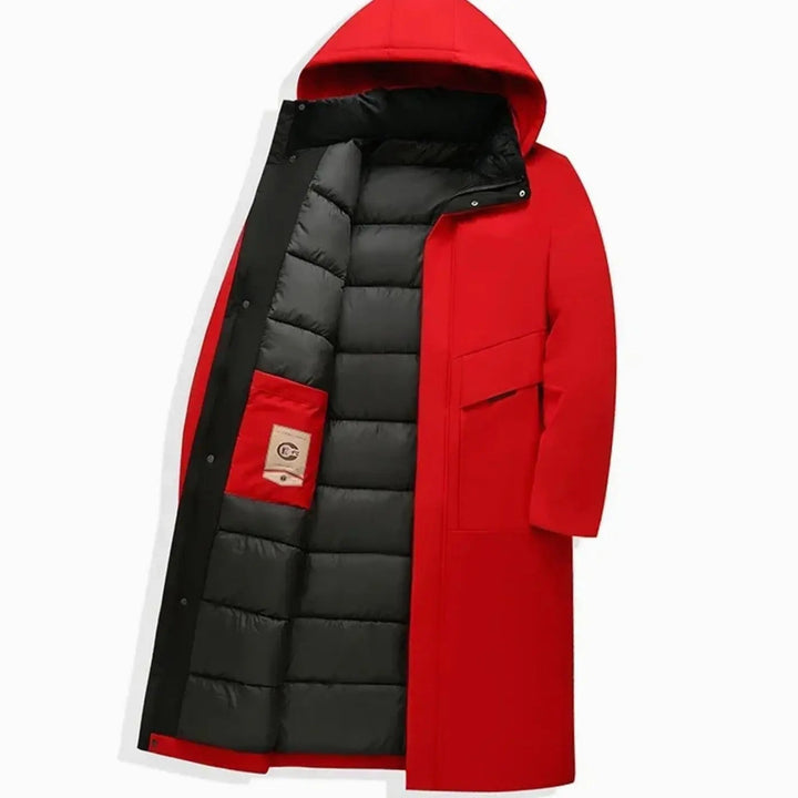 Red hooded longline coat opened to display black quilted down lining